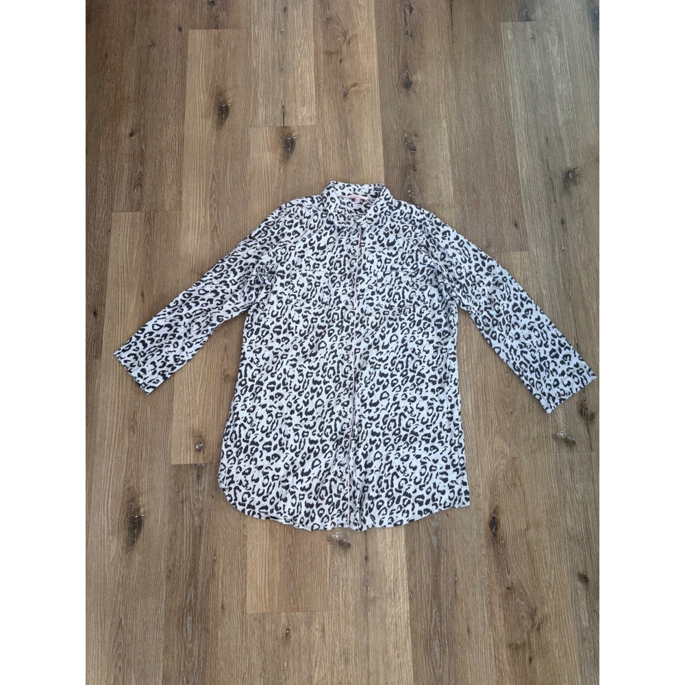 Victoria's Secret Y2K Sleep Shirt Women Large White Leopard Cotton Button Down